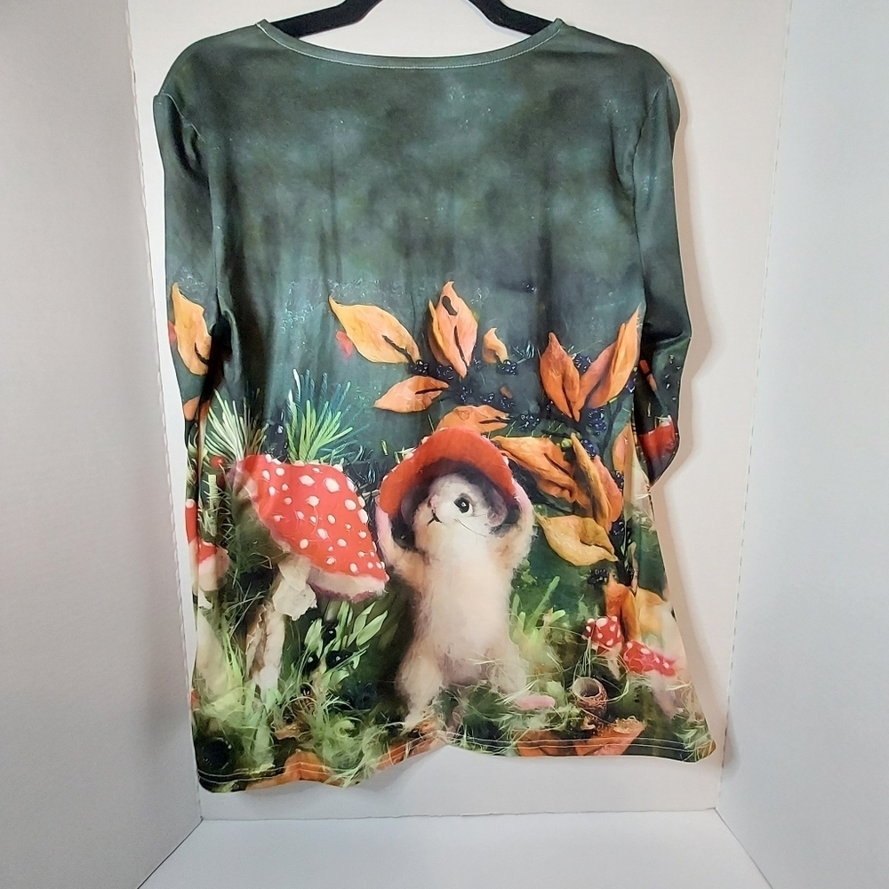 Whimsical Forest Scene Long Sleeve Top with Cute Mouse and Mushrooms - Picture 4 of 9